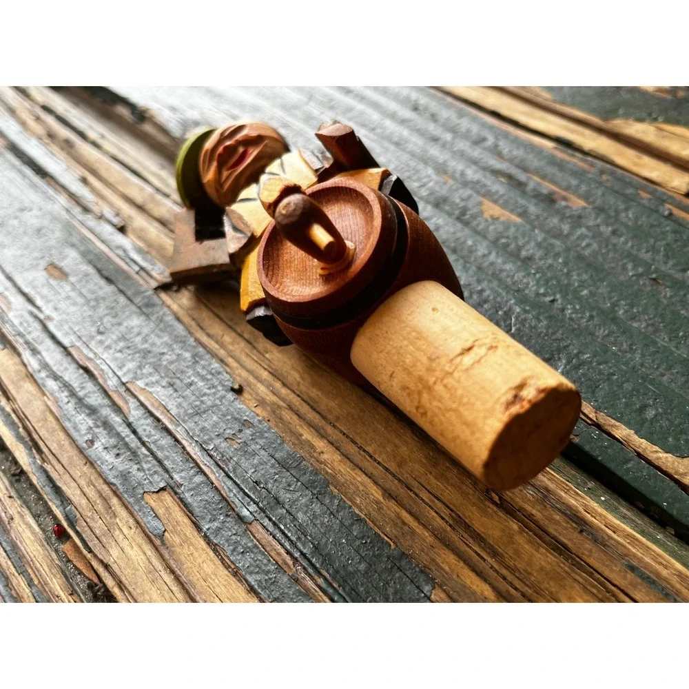 Vintage Hand Carved Wooden Mechanical Bottle Stopper Man on Barrel Lifts Hat